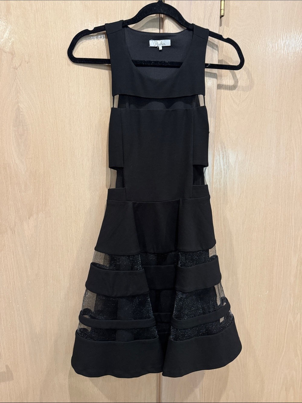 Parker Black Sleeveless Mesh-Trim Fit-and-Flare Dress